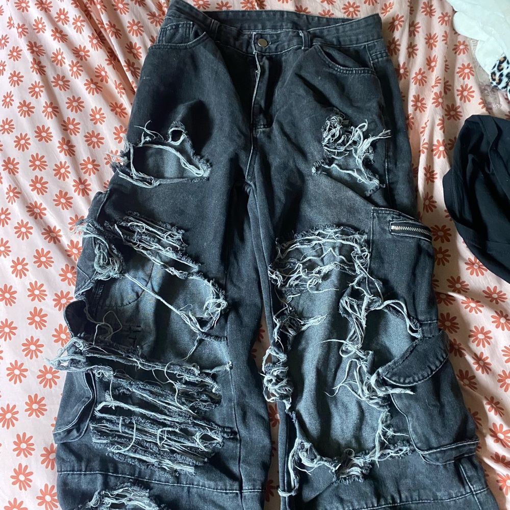 ROMWE Distressed Black Wide Leg Jeans